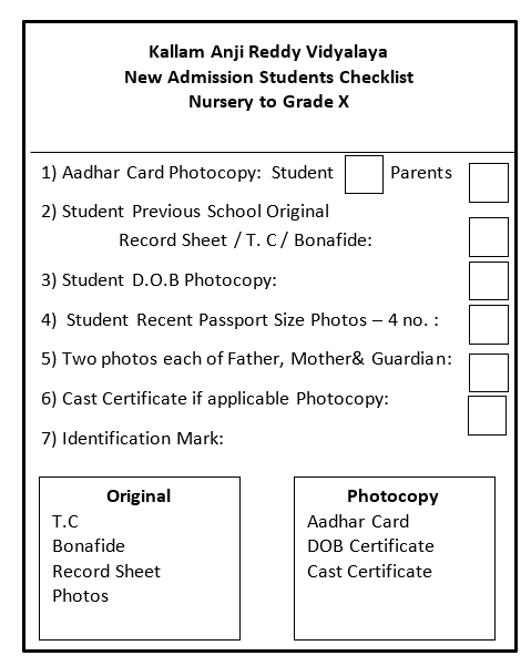 Admission Checklist Kallam Anji Reddy Vidyalaya
